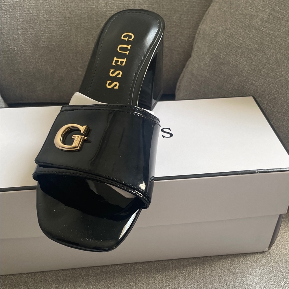 Guess Black Patent Mules with Gold Accent